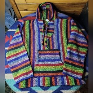 Artesanias Cuamatzi Mexican Hooded Sweater Size XL Baja Drug Rug Striped